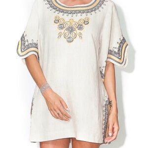 Ivy Jane Boho 100% Linen Cream Tunic with Black and Yellow Embroidery